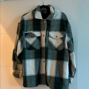 Plaid Button-Up Shacket Jacket - Green & Cream